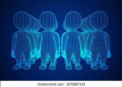 Wireframe low poly mesh human crowd in virtual reality. Medical blueprint scanned 3D model. Polygonal technology design.