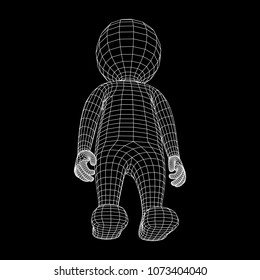 Wireframe low poly mesh human cartoon body in virtual reality. Medical blueprint scanned 3D model. Polygonal technology design.