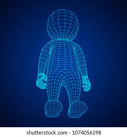 Wireframe low poly mesh human cartoon body in virtual reality. Medical blueprint scanned 3D model. Polygonal technology design.