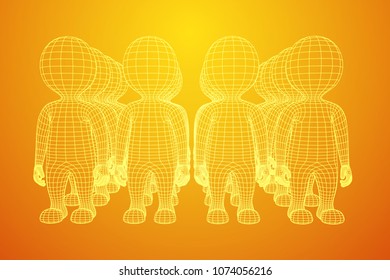 Wireframe low poly mesh human crowd in virtual reality. Medical blueprint scanned 3D model. Polygonal technology design.
