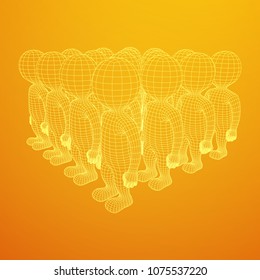 Wireframe low poly mesh human crowd in virtual reality. Medical blueprint scanned 3D model. Polygonal technology design.