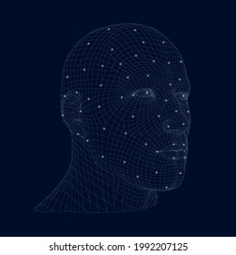 Wireframe eines Mannes Kopf aus blauen Linien auf dunklem Hintergrund mit leuchtendem Licht. 3D. Vektorgrafik