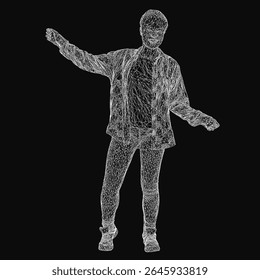 Um homem de arames ri alegremente com os braços estendidos contra um fundo escuro, mostrando uma figura humana em 3D minimalista. A pose dinâmica transmite emoção e energia, perfeito para digital e tecnologia.