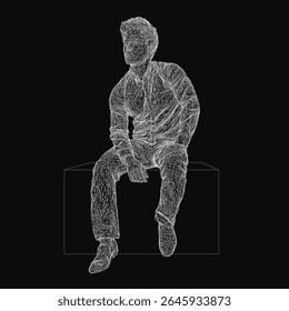 Wireframe man sits atop a box, composed of intricate lines and geometric shapes against a black background. The abstract human figure features a detailed skeletal structure with interconnected.
