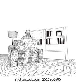 Wireframe of man sitting in armchair and reading newspaper in room with lamp and bookcase with books made of black lines isolated on white background. Vector illustration.