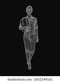 A wireframe man sprints while holding a laptop, depicted in glowing blue lines against a dark backdrop. The dynamic pose suggests urgency and movement. A wireframe girl walks nearby.