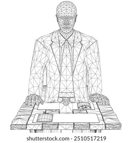Wireframe of a man in a suit with a tie sitting at a table. First person view. Vector illustration. 3D