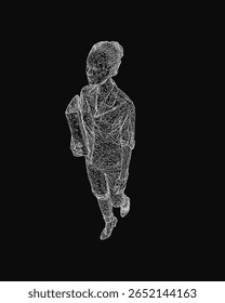 Um homem de arames anda com uma mochila, representada em branco contra um fundo preto para alto contraste. O design minimalista destaca movimento e estrutura.