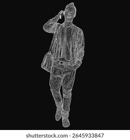 A wireframe man walks while talking on a cell phone, wearing a bag over his shoulder. The stylized human8 figure is depicted in white lines against a solid black background.
