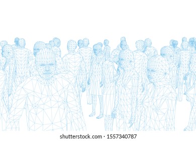 Wireframe Of Many People From Blue Lines On A White Background. Polygonal Crowd Of People. Vector Illustration