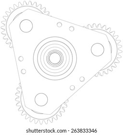 Wire-frame mechanism consisting of gears. Front view. Vector illustration rendering of 3d