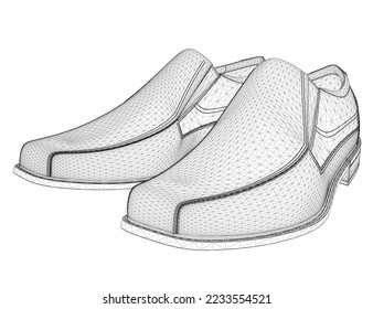 Wireframe of men's shoes from black lines isolated on white background. Perspective view. 3D. Vector illustration.