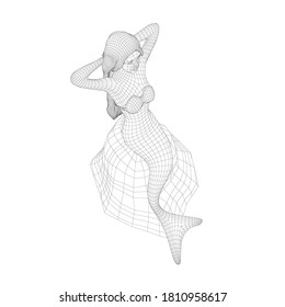 Wireframe of a mermaid sitting on a stone. Mermaid from black lines isolated on white background. 3D. Vector illustration