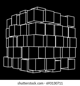 Wireframe Mesh Big Data Cube Made of Many Cubes. Connection Structure. Digital Info Visualization Concept. Vector Illustration.