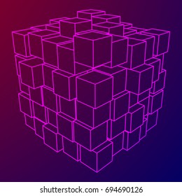 Wireframe Mesh Big Data Cube Made of Many Cubes. Connection Structure. Digital Info Visualization Concept. Vector Illustration.