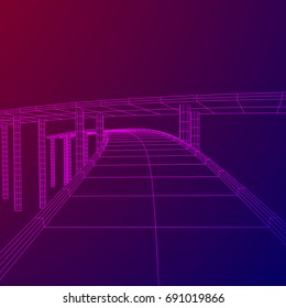 Wireframe Mesh Bridge Highway Crossing. Connection Structure. Digital Data Visualization Concept. Vector Illustration.