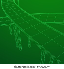 Wireframe Mesh Bridge Highway Crossing. Connection Structure. Digital Data Visualization Concept. Vector Illustration.
