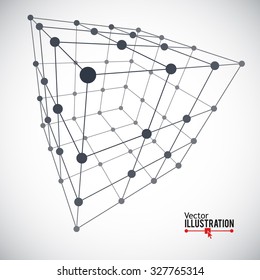 Wireframe Mesh Cube. Connected dots and lines. Connection Structure. Digital Data Visualization Concept. Vector Illustration.