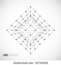 Wireframe Mesh Cube. Connected dots and lines. Connection Structure. Digital Data Visualization Concept. Vector Illustration.