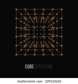 Wireframe Mesh Cube. Connected Dots and Lines. Vintage Style Technology Background. Digital Data Visualization Concept. Vector Illustration.