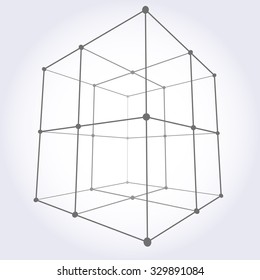 Wireframe Mesh Cube. Connected dots and lines. Connection Structure. Digital Data Visualization Concept. Vector Illustration.