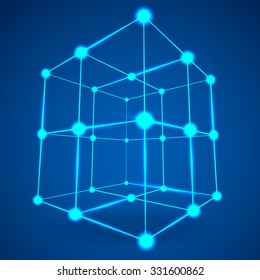 Wireframe Mesh Cube. Connected dots and lines. Connection Structure. Digital Data Visualization Concept. Vector Illustration.