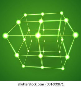 Wireframe Mesh Cube. Connected dots and lines. Connection Structure. Digital Data Visualization Concept. Vector Illustration.