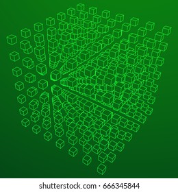 Wireframe Mesh Cube make with many small cubes. Connection Structure. Digital Data Visualization Concept. Vector Illustration.