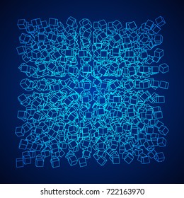 Wireframe Mesh Cube make with many small cubes. Connection Structure. Digital Data Visualization Concept. Vector Illustration.