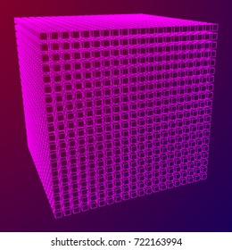 Wireframe Mesh Cube make with many small cubes. Connection Structure. Digital Data Visualization Concept. Vector Illustration.