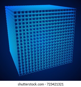 Wireframe Mesh Cube make with many small cubes. Connection Structure. Digital Data Visualization Concept. Vector Illustration.