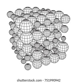 Wireframe Mesh Cube make with many small spheres. Connection Structure. Digital Data Visualization Concept. Vector Illustration.