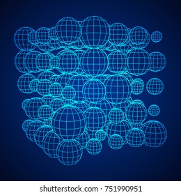 Wireframe Mesh Cube make with many small spheres. Connection Structure. Digital Data Visualization Concept. Vector Illustration.