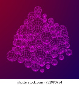 Wireframe Mesh Cube make with many small spheres. Connection Structure. Digital Data Visualization Concept. Vector Illustration.