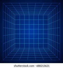 Wireframe Mesh Cube Room. Connection Structure. Digital Data Visualization Concept. Vector Illustration.