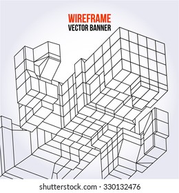 Wireframe Mesh Cubes banner. Connected lines. Connection Structure. Digital Data Visualization Concept. Vector Illustration.