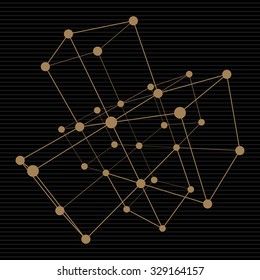 Wireframe Mesh Cubes. Golden Lines and Dots on Black Background. Vintage Style Technology Concept. Connection Structure. Digital Data Visualization. Vector Illustration.
