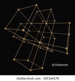 Wireframe Mesh Cubes. Golden Lines and Dots on Black Background. Vintage Style Technology Concept. Connection Structure. Digital Data Visualization. Vector Illustration.