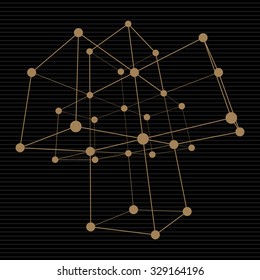 Wireframe Mesh Cubes. Golden Lines and Dots on Black Background. Vintage Style Technology Concept. Connection Structure. Digital Data Visualization. Vector Illustration.