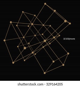 Wireframe Mesh Cubes. Golden Lines and Dots on Black Background. Vintage Style Technology Concept. Connection Structure. Digital Data Visualization. Vector Illustration.