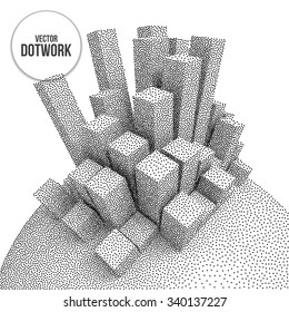 Wireframe Mesh Dotwork Boxes. Halftone Growing Structure. Engraving Vector Illustration. Digital Data Visualization Concept
