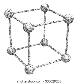 Wireframe Mesh Dotwork Cube. Connected Spheres. Halftone Connection Structure. Engraving Vector Illustration. Digital Data Visualization Concept