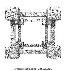 Wireframe Mesh Dotwork Cube. Connected Boxes. Halftone Connection Structure. Engraving Vector Illustration. Digital Data Visualization Concept