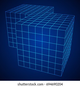 Wireframe Mesh Doubled Box. Connection Structure. Digital Data Visualization Concept. Vector Illustration.