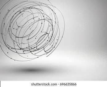 Wireframe Mesh Element. Abstract Swirl Form With Connected Lines And Dots. Connection Concept. Techology Background. Vector Illustration.