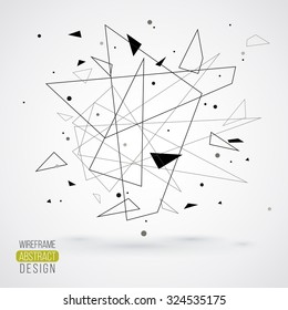 Wireframe mesh element with triangle shapes. Abstract form. Connected lines and dots. Vector Illustration. Abstract molecule design. Technology background