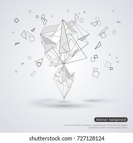 Wireframe mesh element with triangle shapes. Abstract form. Connected lines and dots. Vector Illustration. Abstract molecule design. Technology background