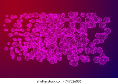 Wireframe Mesh Flow with many small spheres rotate and spin. Connection Structure. Digital Data Visualization Concept. Vector Illustration.