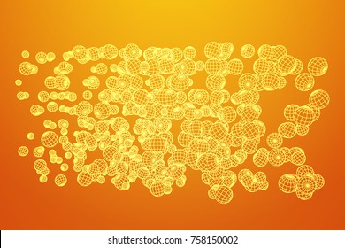 Wireframe Mesh Flow with many small spheres rotate and spin. Connection Structure. Digital Data Visualization Concept. Vector Illustration.
