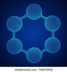 Wireframe Mesh Hexagon Molecule. Connection Structure. Low poly vector illustration. Science and medical healthcare concept